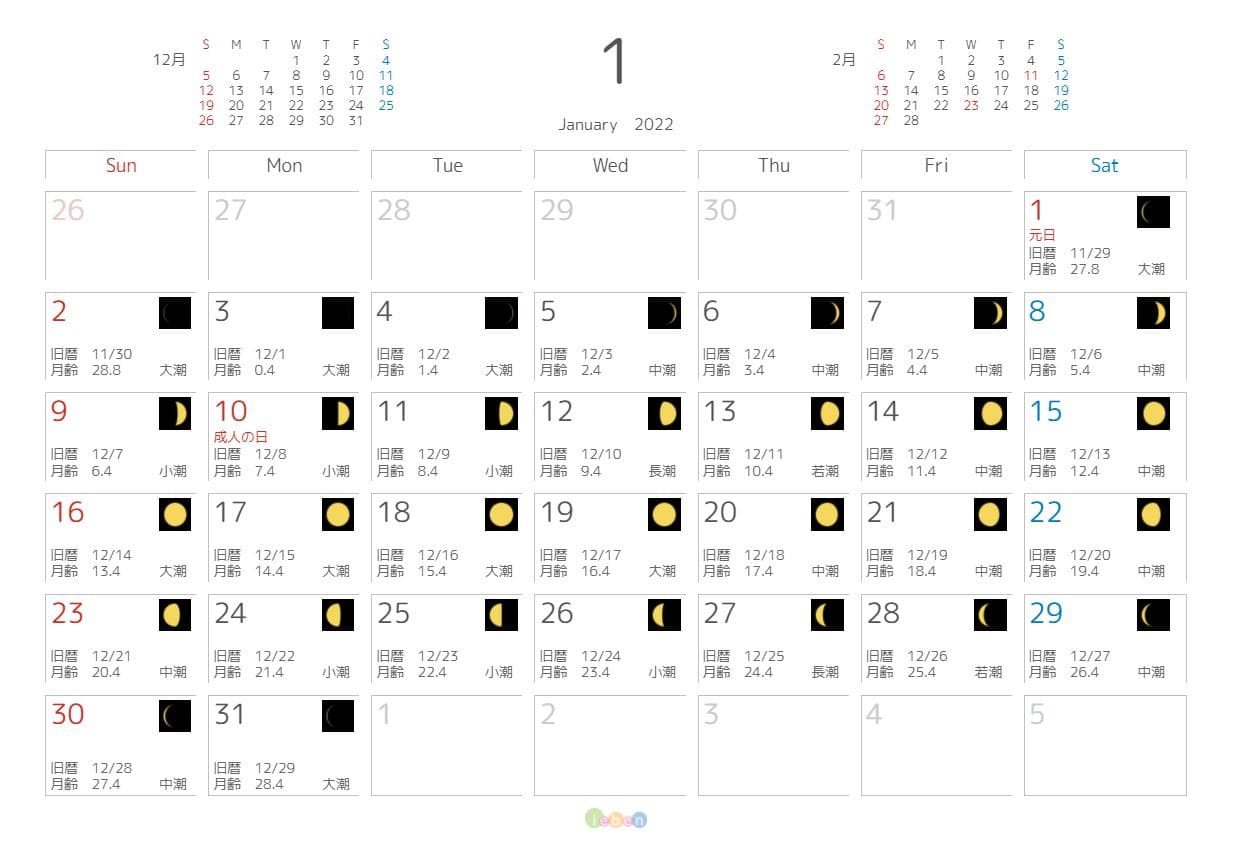 2022 カレンダー 六 曜日 六曜・月齢・旧暦カレンダー (２０２２)令和４年01月(睦月)