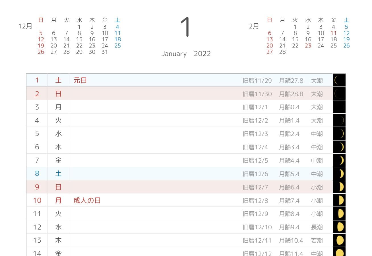 月の満ち欠け・旧暦・月齢・潮名、スケジュールカレンダー2022年・サンプルイメージ画像