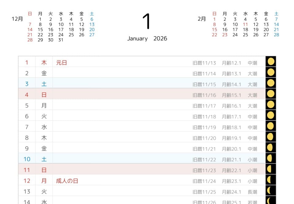 月の満ち欠け・旧暦・月齢・潮名、スケジュールカレンダー2026年・サンプルイメージ画像