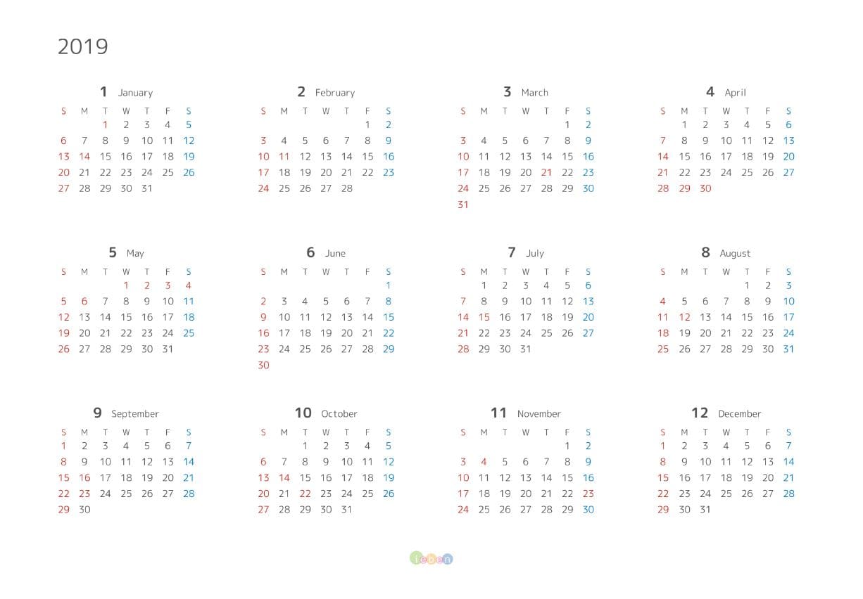 シンプル・12か月表示カレンダー2019年・サンプルイメージ画像