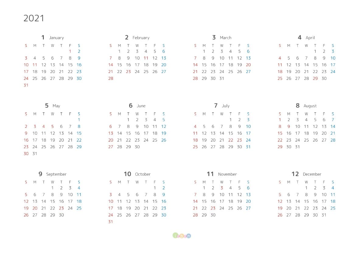 シンプル・12か月表示カレンダー2021年・サンプルイメージ画像