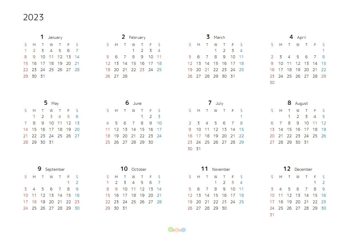 シンプル・12か月表示カレンダー2023年・サンプルイメージ画像