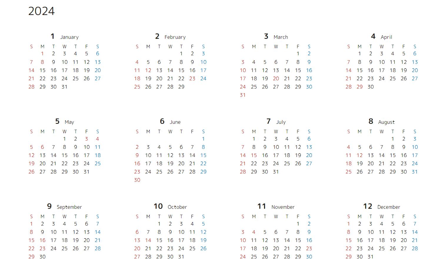 シンプル・12か月表示カレンダー2024年・サンプルイメージ画像