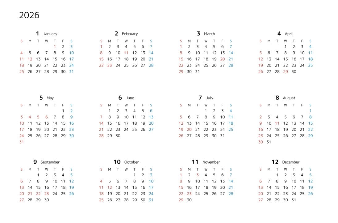 シンプル・12か月表示カレンダー2026年・サンプルイメージ画像