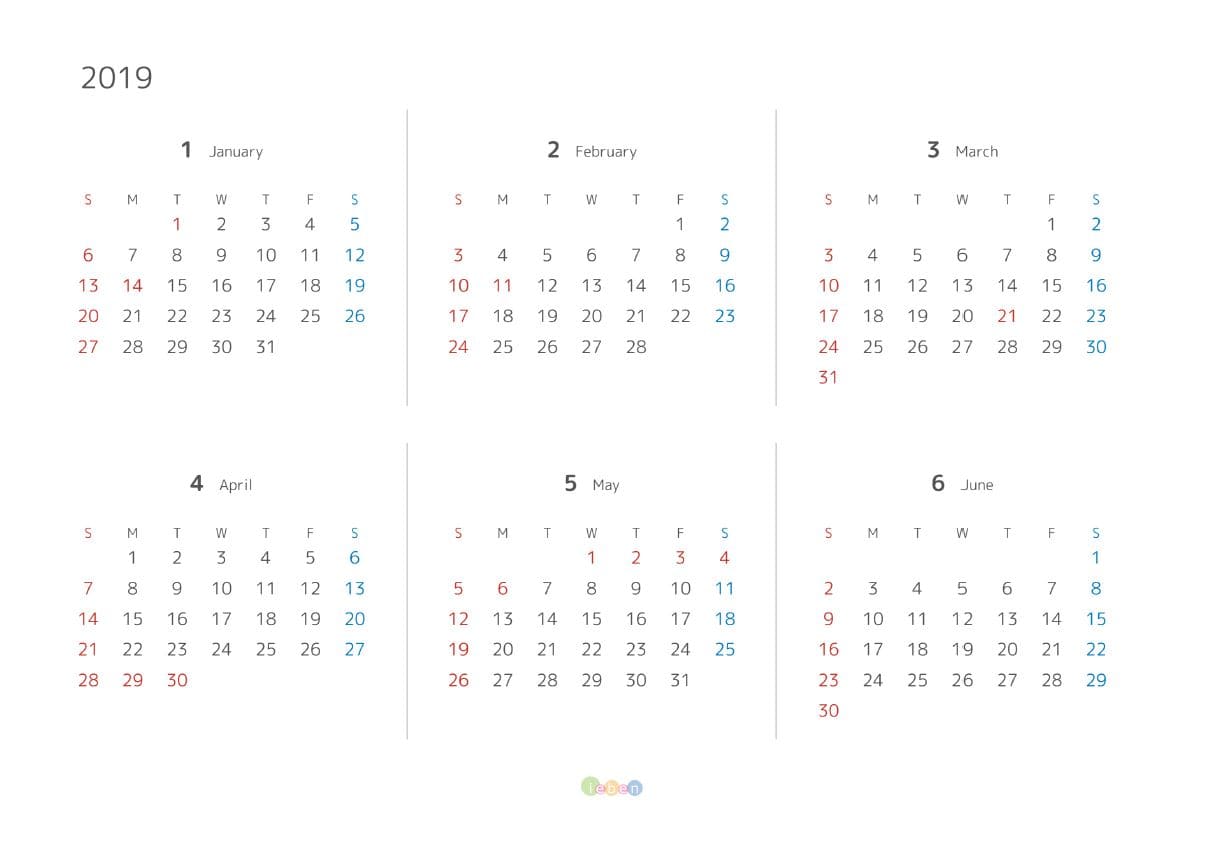 シンプル・6ヶ月表示カレンダー2019年・サンプルイメージ画像
