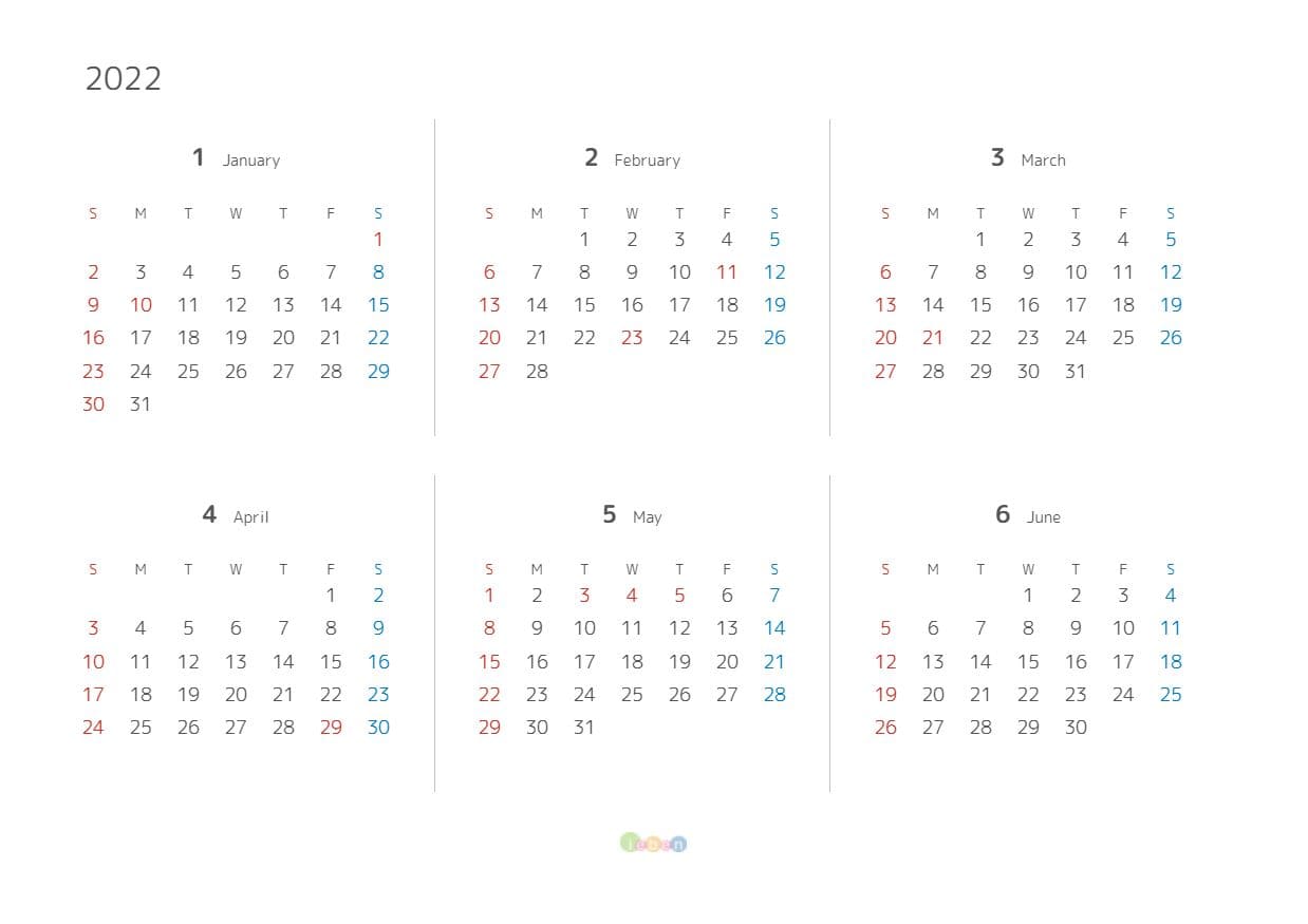 シンプル・6ヶ月表示カレンダー2022年・サンプルイメージ画像