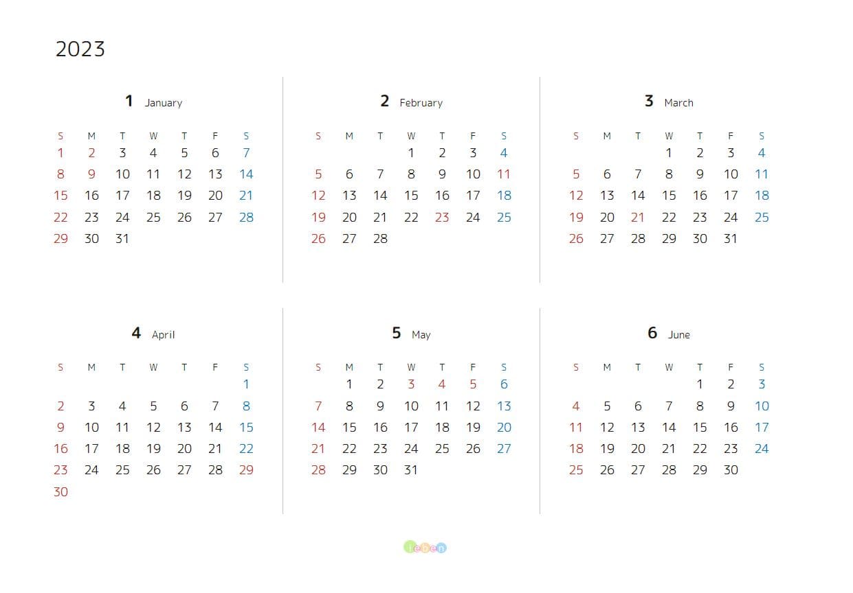 シンプル・6ヶ月表示カレンダー2023年・サンプルイメージ画像