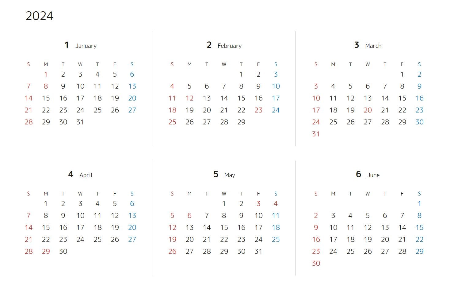 シンプル・6ヶ月表示カレンダー2024年・サンプルイメージ画像