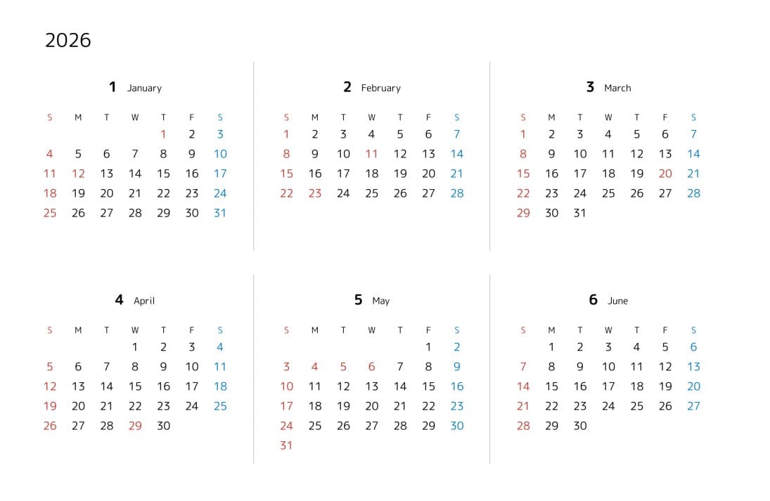 シンプル・6ヶ月表示カレンダー2026年・サンプルイメージ画像