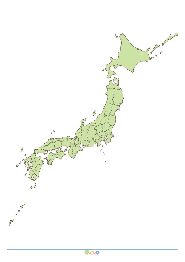 日本の白地図（A3-都道府県の線入り・緑色） フリー