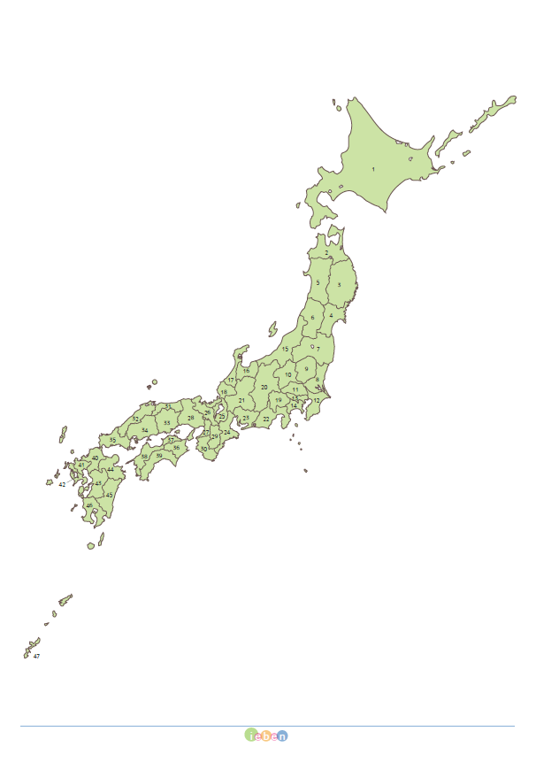 日本の白地図（A3-都道府県の線・番号入り・緑色） フリー