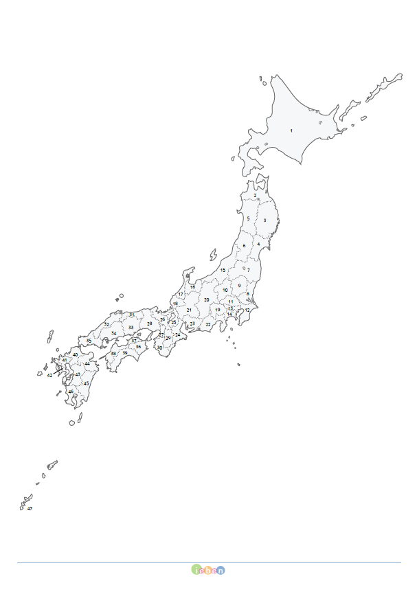 日本の白地図（A4-都道府県の線・番号入り・薄色） フリー