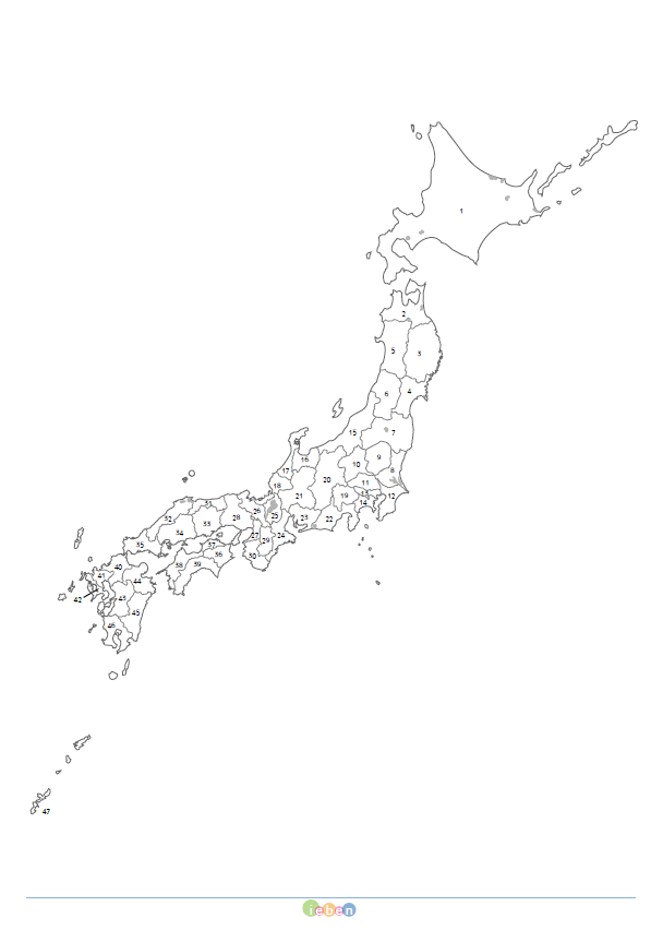 日本の白地図（B5-都道府県の線・番号入り・白黒） フリー